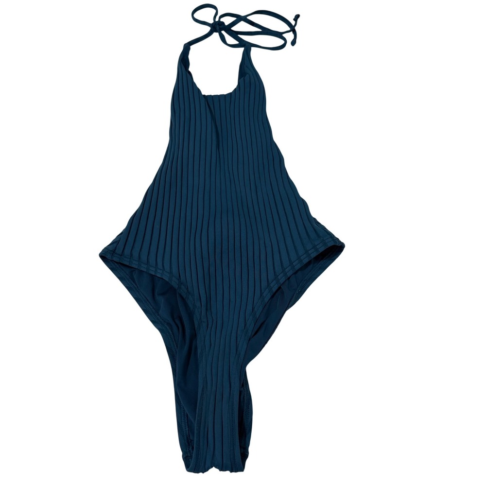 Spiritual gangster Ribbed Halter One Piece Swimsuit High Cut Open Back Teal Blue